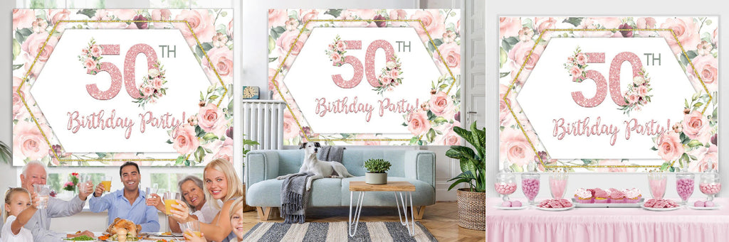 Happy 50Th Birthday Party Pink Roses Backdrop for Woman – Lofaris