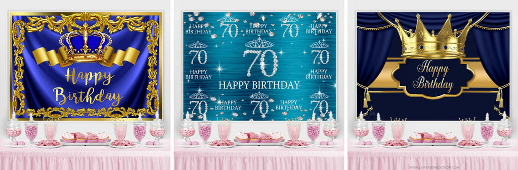 Blue And Glitter Crown Happy 70Th Birthday Backdrop – Lofaris