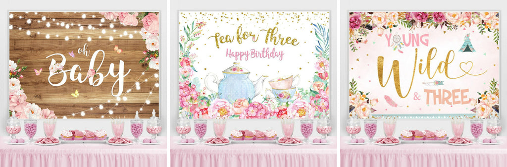 Teapot and Floral Happy 3rd Birthday Backdrop For Girl – Lofaris
