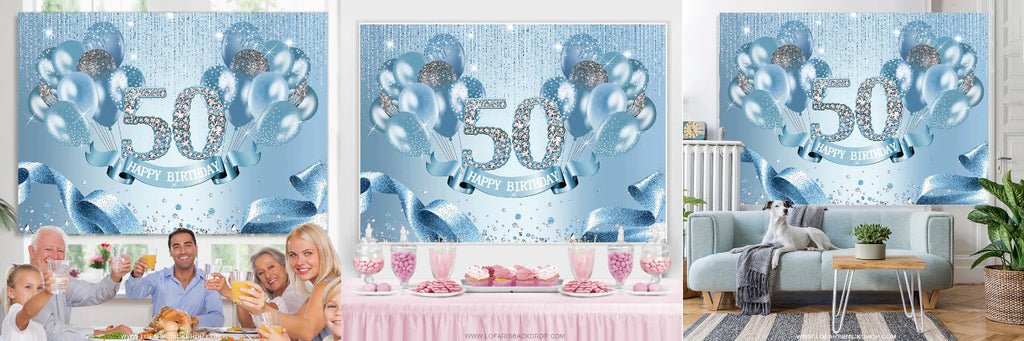Light Blue Balloon Ribbion Happy 50Th Birthday Backdrop – Lofaris