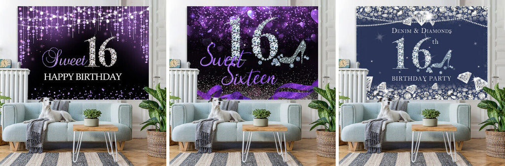 Sweet 16 Silver Diamond Purple Glitter Sixteen Birthday Backdrop for G – Lofaris