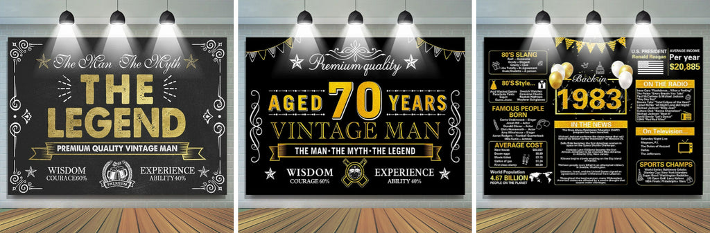 Vintage Man Aged 70 Years Black Happy Birthday Backdrop - Lofaris