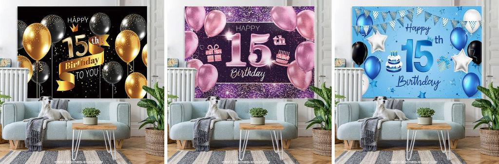 Purple Balloons Glitter Gifts 15th Birthday Backdrop – Lofaris