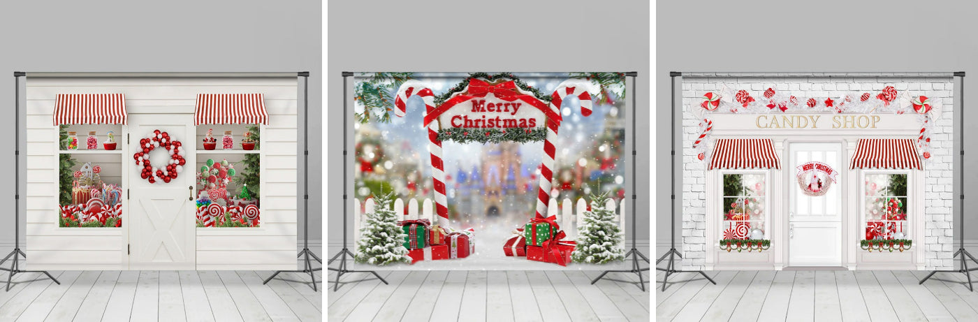 Christmas Candy Shop White Red Backdrop For Photo - Lofaris