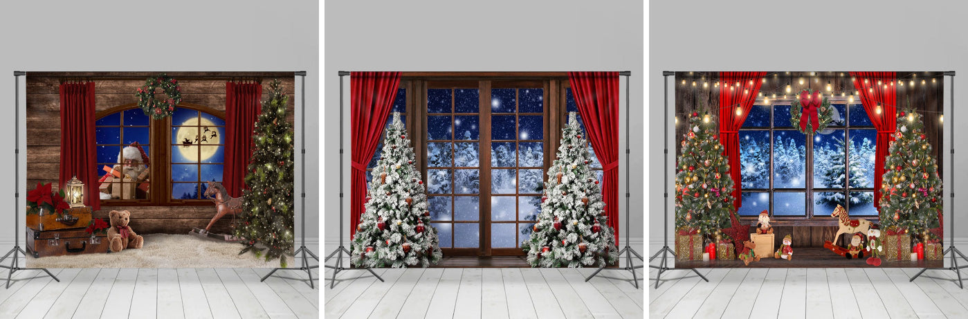 Lofaris Santa Claus With Gift Wood Window Moon Night Backdrop
