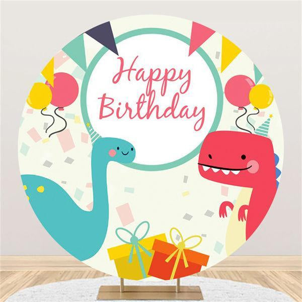 Cartoon Dinosaur Balloon Round Happy Birthday Backdrop – Lofaris