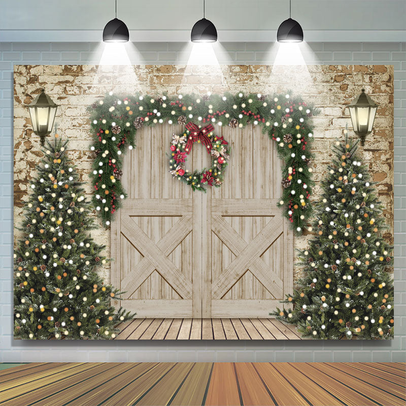 Lofaris Christmas Tree and Wooden Door Christmas Party Backdrop