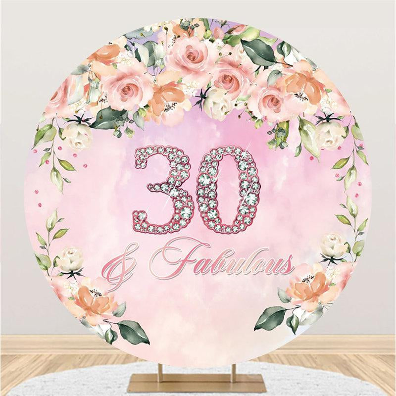 Circle Pink Flowers Glitter 30th Birthday Backdrop Lofaris