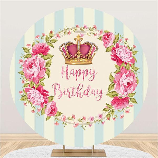 Floral And Pink Crown Circle Happy Birthday Backdrop - Lofaris