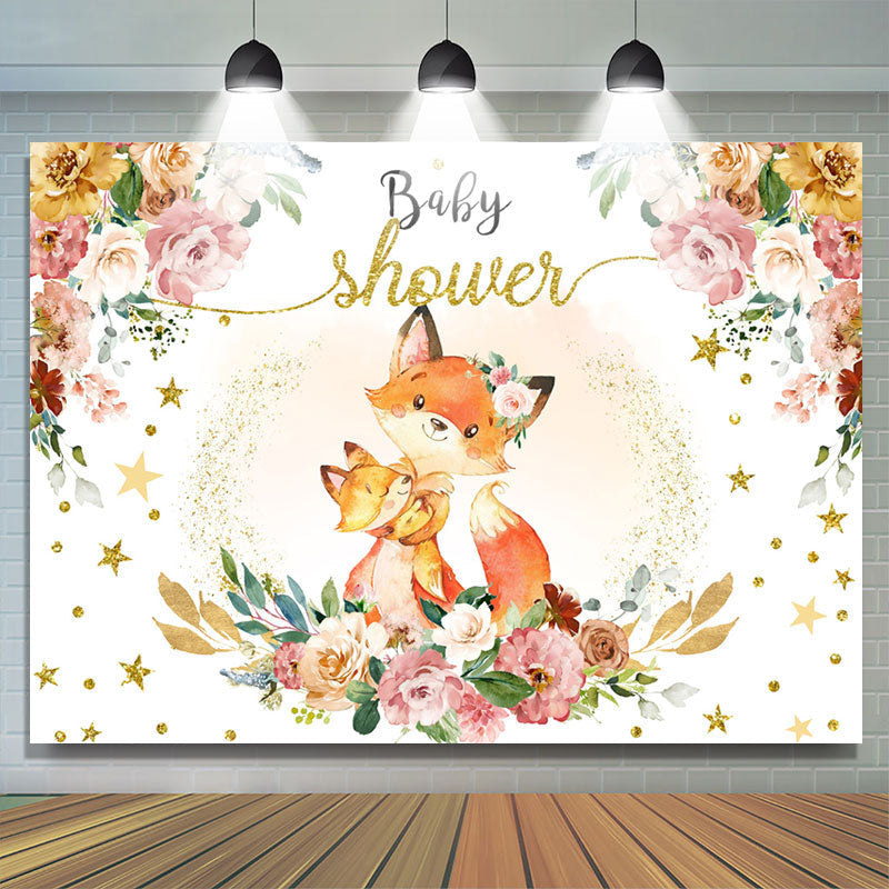 Floral Fox Hug At Night Sweet Baby Shower Backdrop