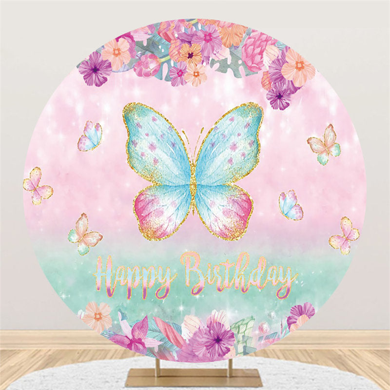 Glitter Cute Butterfly Happy Birthday Round Backdrop – Lofaris