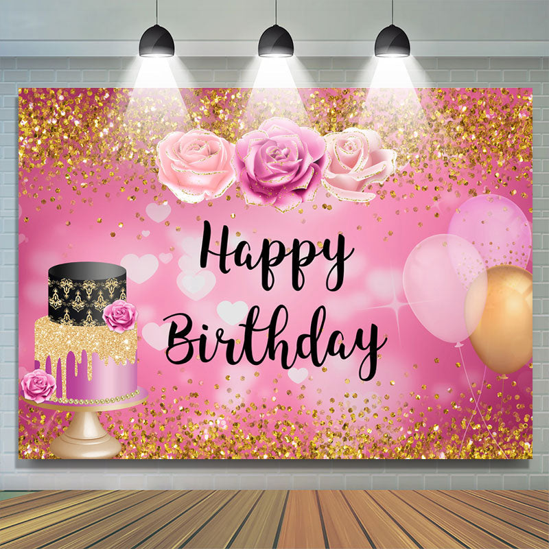 Gold Glitter Floral Balloons Happy Birthday Backdrop – Lofaris
