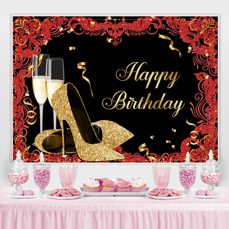 Black Floral Glitter Heels Happy Birthday Backdrop - Lofaris