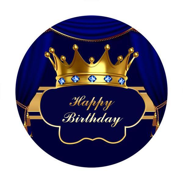 Golden Crown Blue Custom Circle Happy Birthday Backdrop - Lofaris