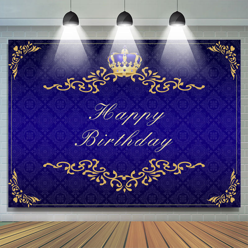 Gorgeous Navy Blue and Golden Crown Birthday Backdrop – Lofaris