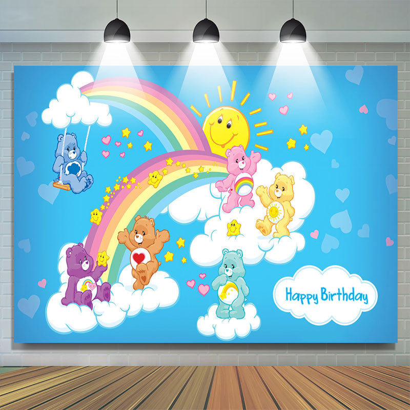 Cute Bear Rainbow Blue Sky Cartoon Birthday Backdrop