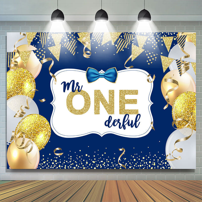 Mr. One Derful Gold And Blue Balloon Birthday Backdrop - Lofaris