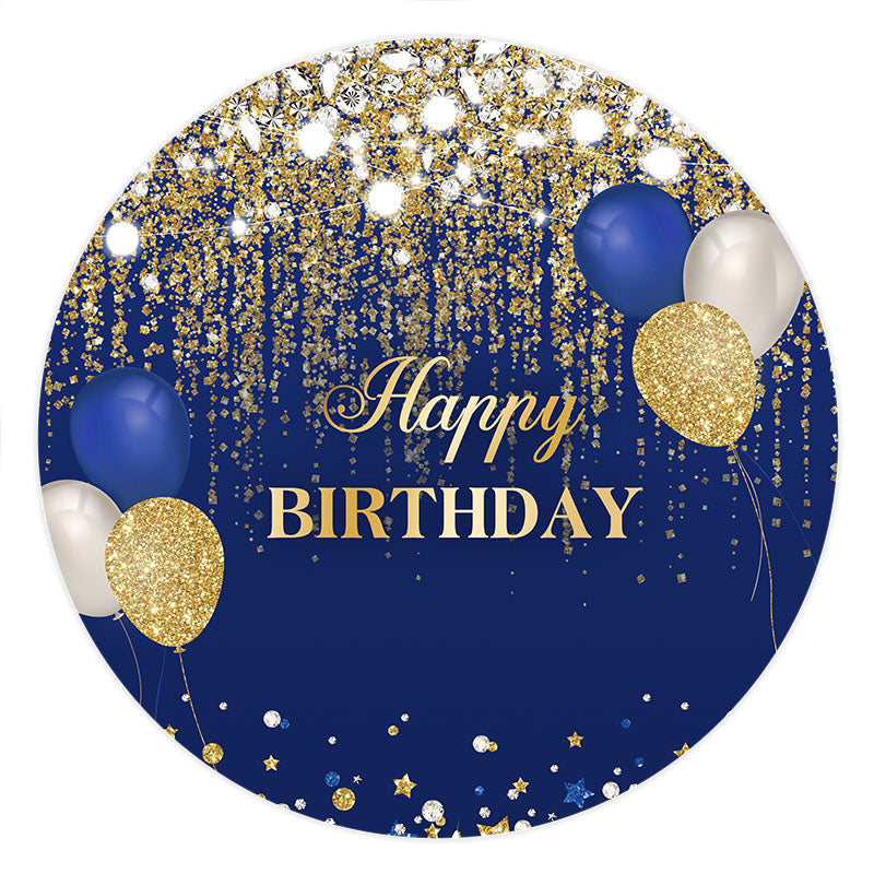 Navy Blue And Gold Glitter Balloons Round Birthday Backdrop - Lofaris