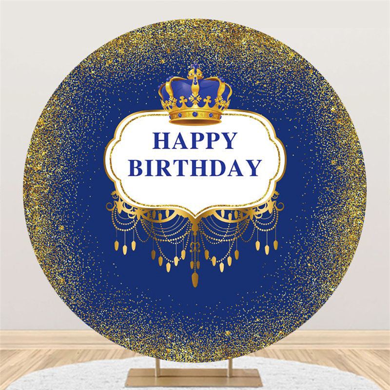 Navy Blue Gold Crown Circle Happy Birthday Backdrop - Lofaris