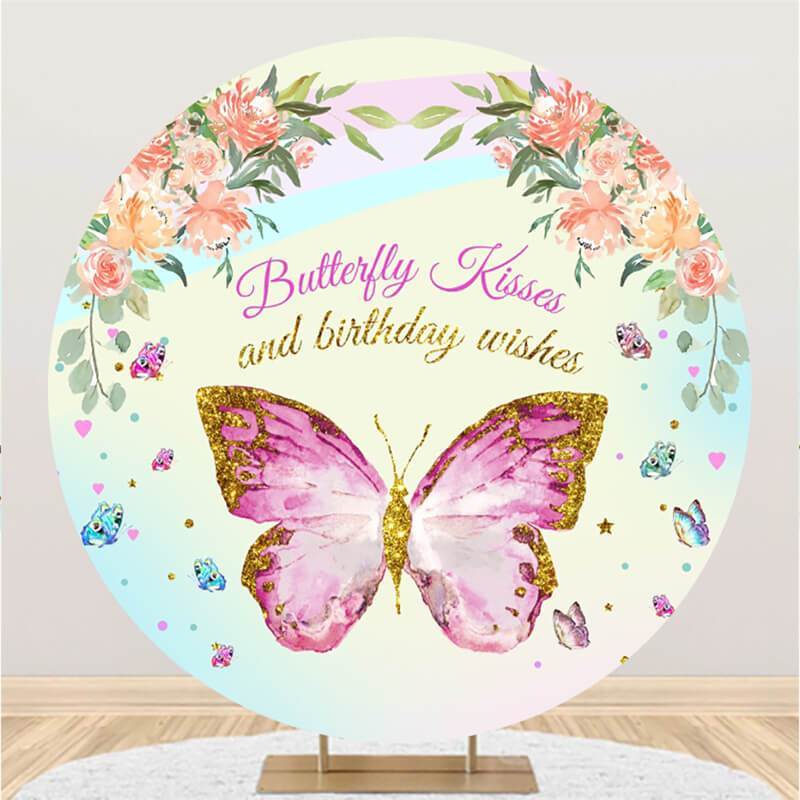 Pink Butterfly Round Happy Birthday Backdrop For Girl - Lofaris