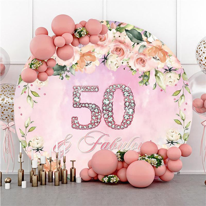 Pink Flower Circle Happy 50th Birthday Party Backdrop - Lofaris