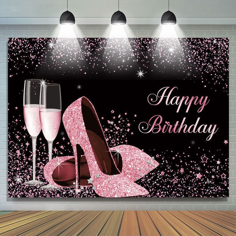 Pink Glitter Champagne Heels Birthday Backdrop- Lofaris