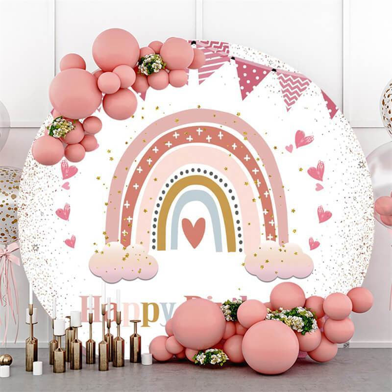 Pink Pennant Rainbow Happy Birthday Circle Backdrop -Lofaris