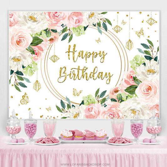 Glitter Pink Rose Gold Happy Birthday Party Backdrop