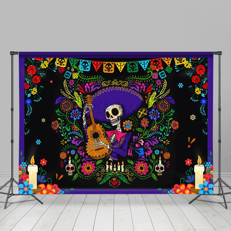 Skeleton Mexican Fiesta Guitar Floral Party Backdrop – Lofaris