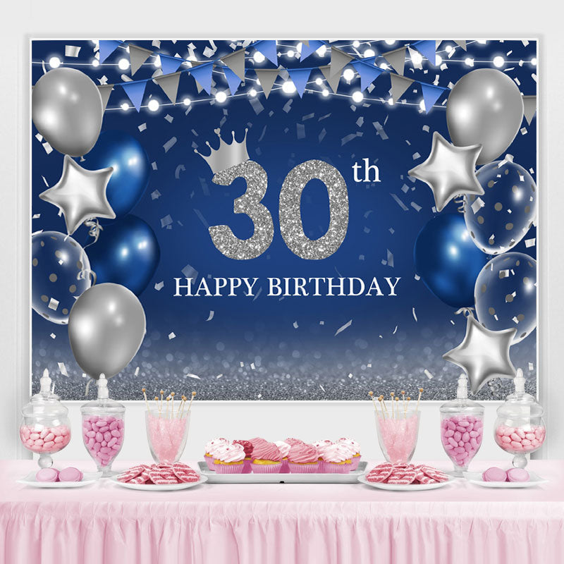 Silver Glitter Balloon And Blue 30th Birthday Backdrop - Lofaris