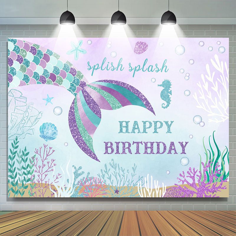 Splish Splash Mermaid Sea Theme Happy Birthday Backdrop - Lofaris