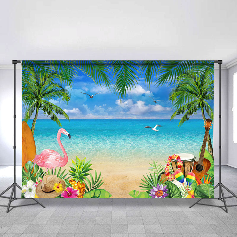 Summer Beach And Coconut With Flamingo Birthday Backdrop
