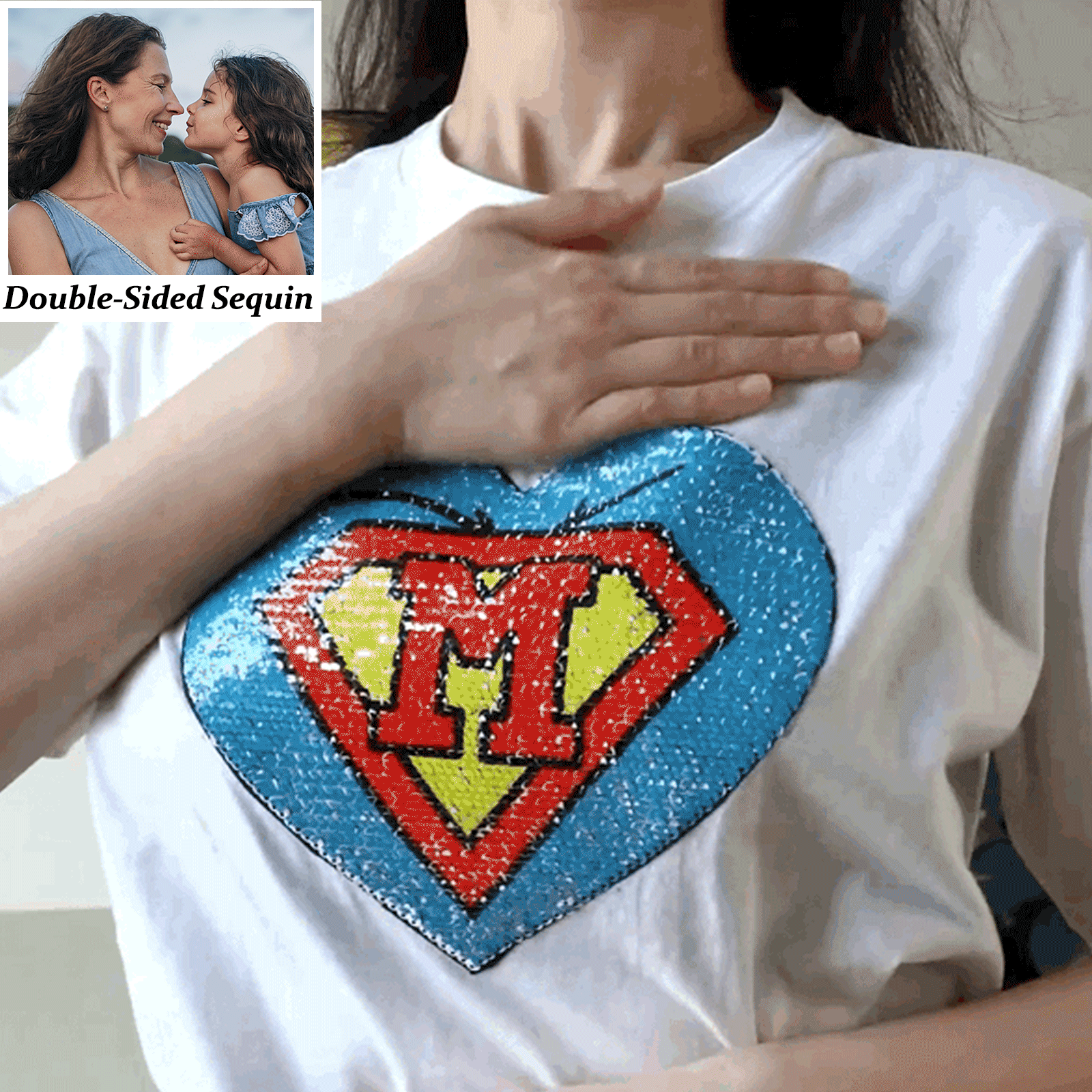 Custom Photo Heart Flip Double Sided Sequin T-shirt Personalized Picture Sequin Tee Father's Day Gifts Super Dad - soufeelmy