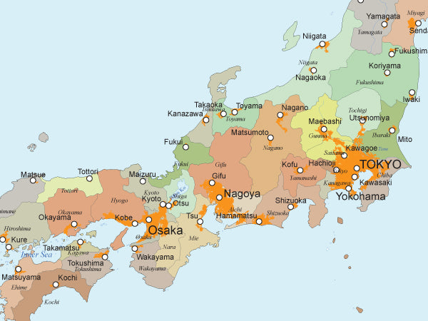 世界地図ポスター 日本 都市部色分け