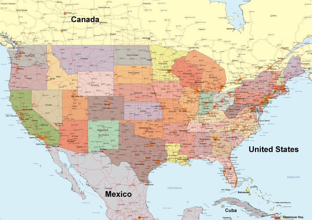 州名が入ったアメリカの地図