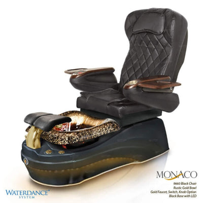 Monaco Pedicure Chair. 9660 Black Seat, Rustic Gold Bowl, Gold Faucet. Switch, Knob Option & Black Bone Base