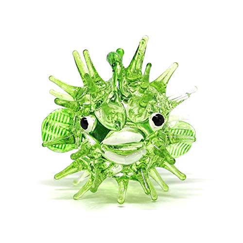 Blown Glass Figurines Green & Blue Puffer Fish Tiny Aquarium