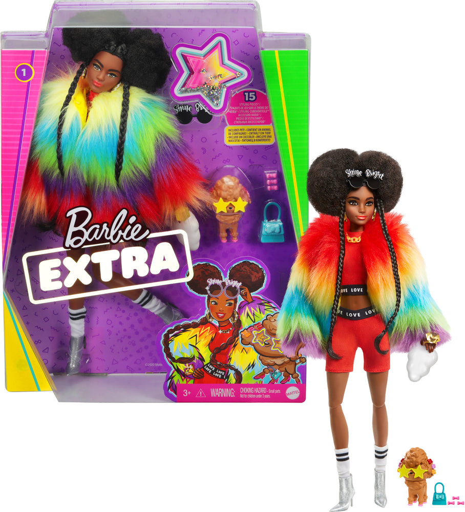 Barbie Extra Doll in Furry Rainbow Coat