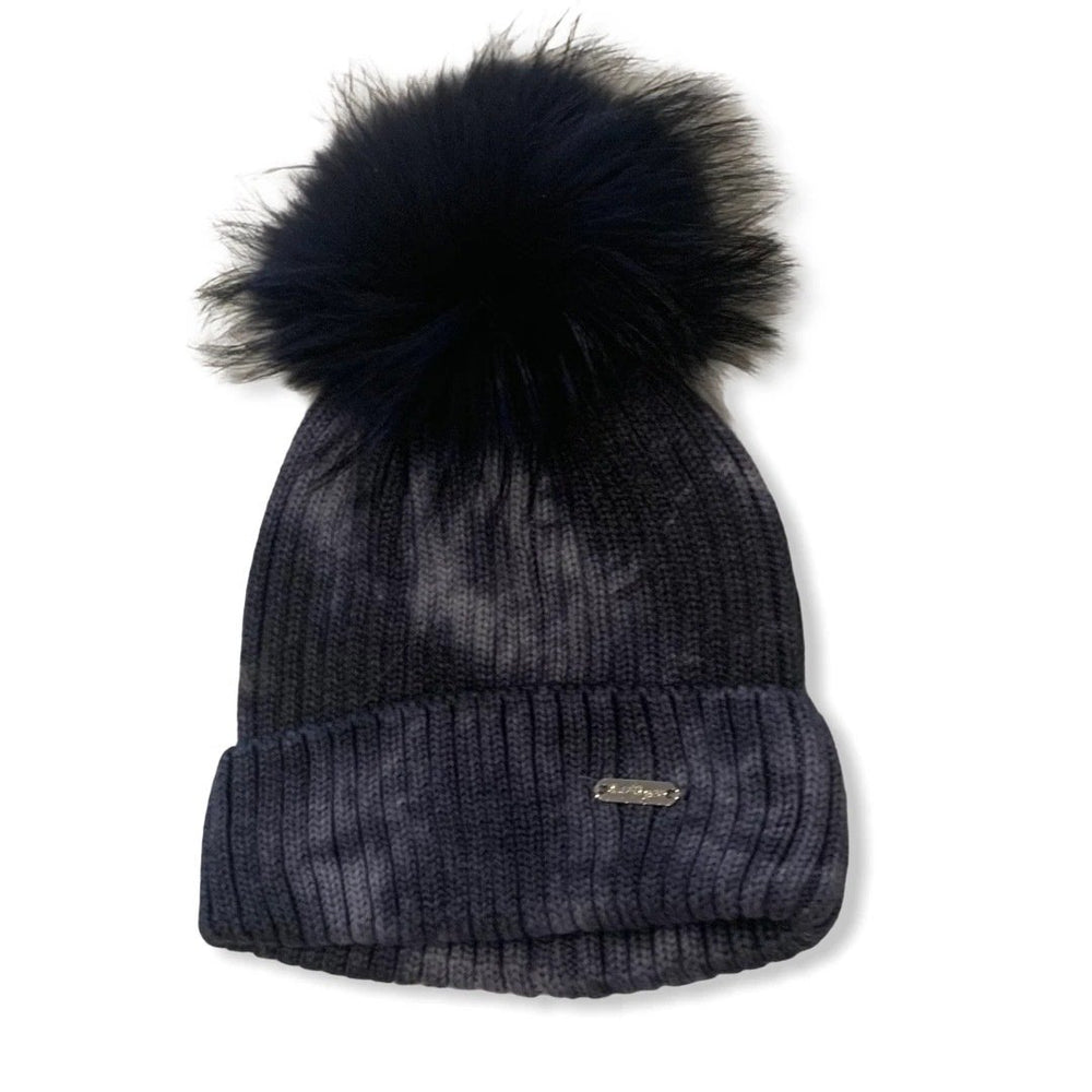 Bari Lynn Fox Fur Pom Beanie - Black Tie Dye