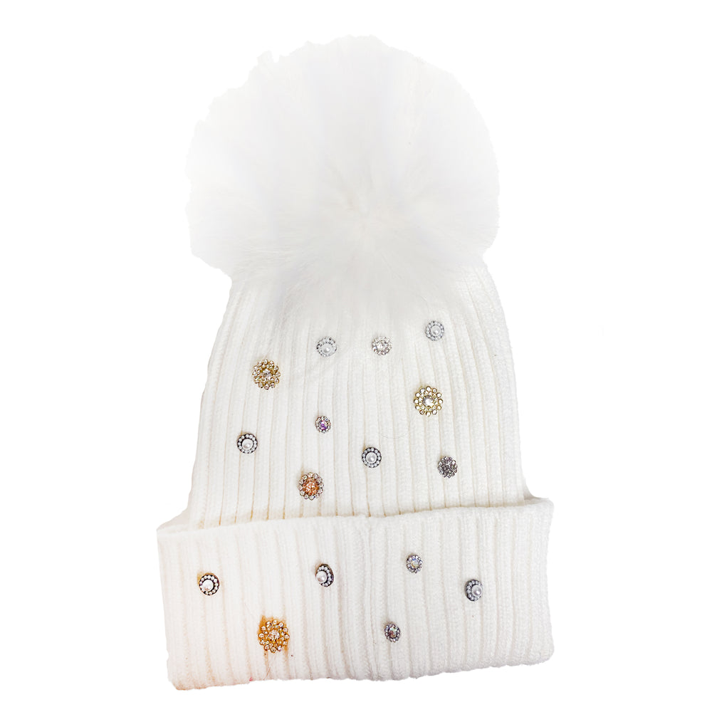 Bari Lynn Jewel Fur Beanie Off White