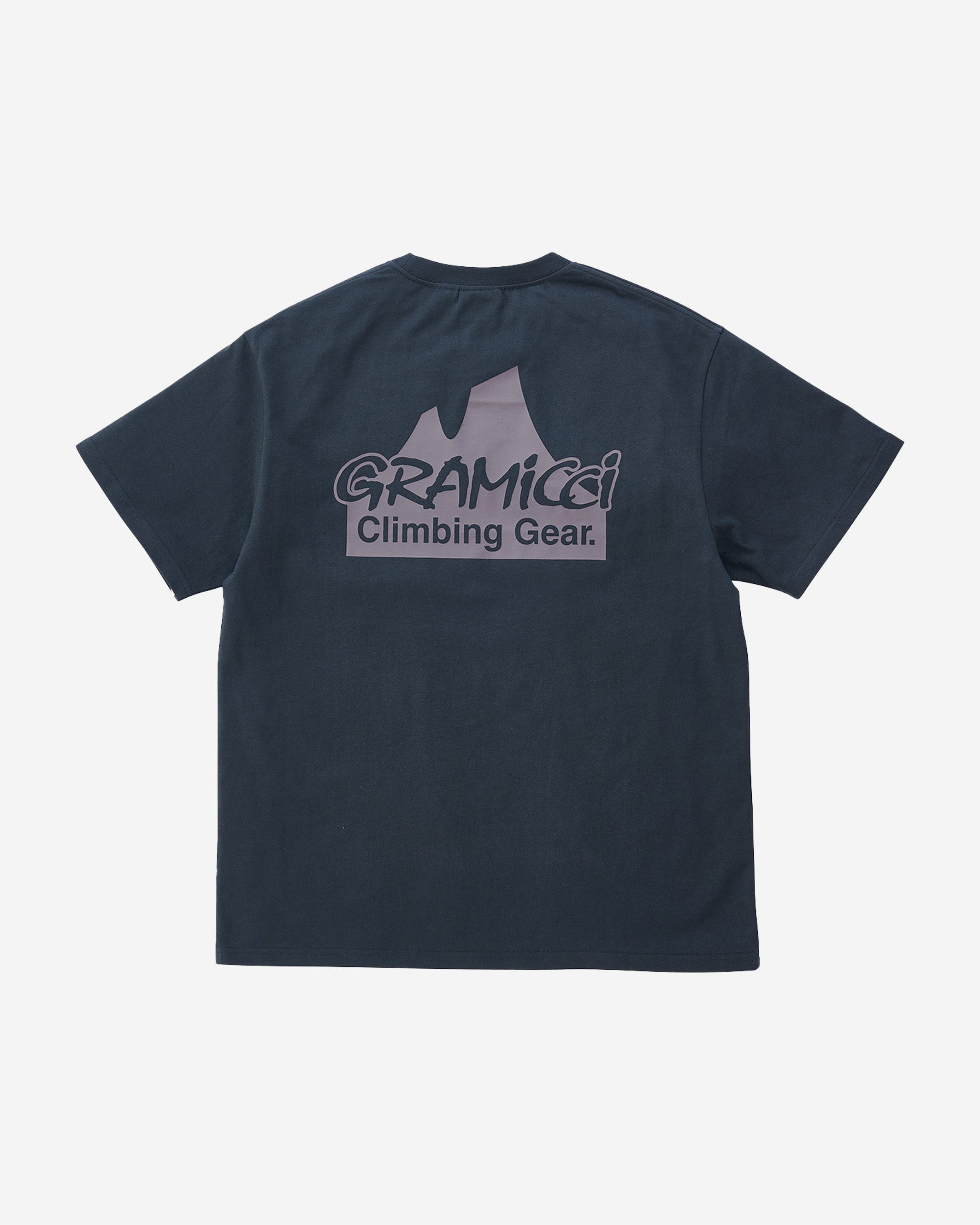 The Climbing Gear Tee is made of dry-touch organic cotton that is soft and comfortable for outdoor activities or everyday wear. This t-shirt features a print of the silhouette of a mountain with the words "Climbing Gear" and the Gramicci logo.