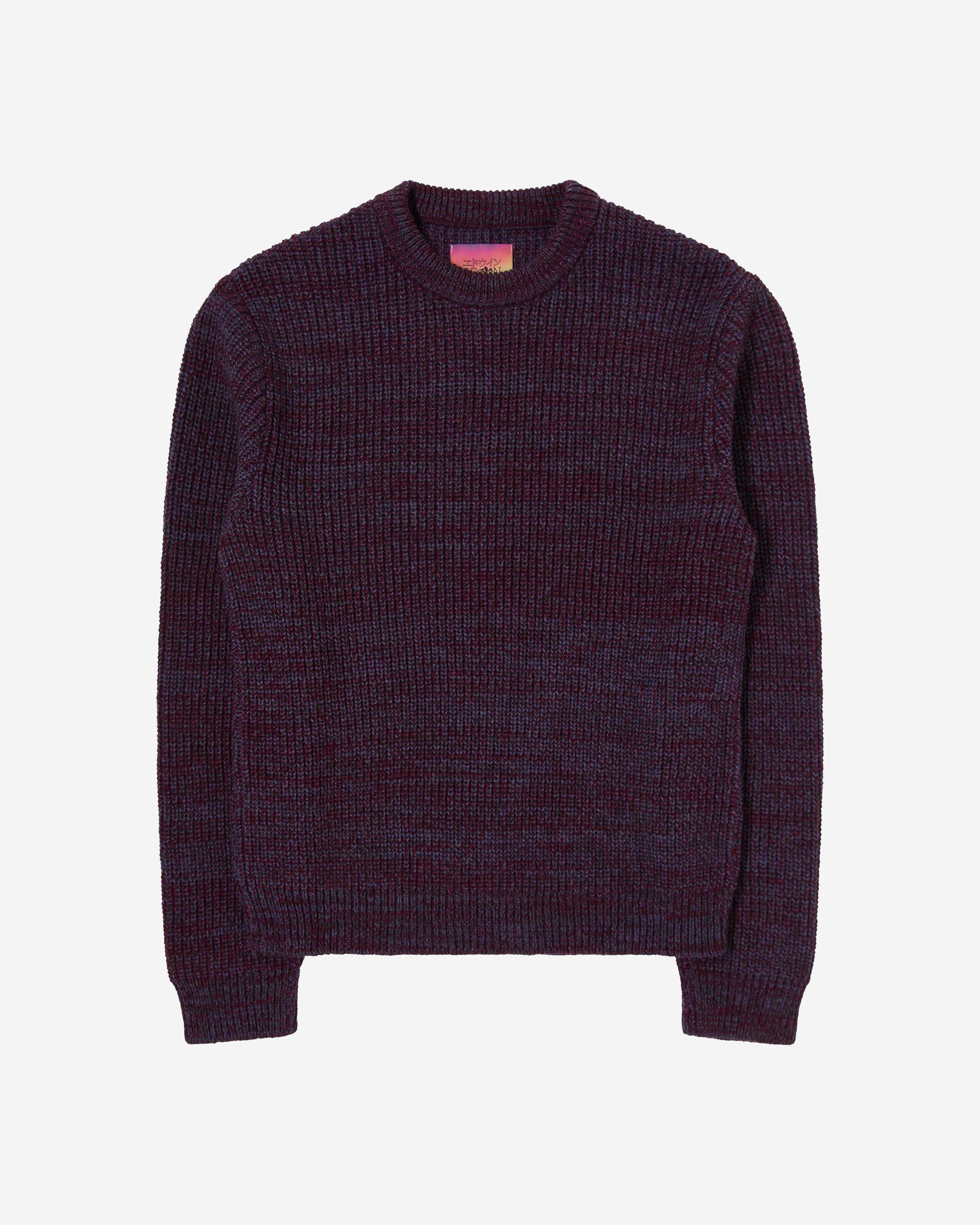 The EDWIN Meander Sweater has an oversized cut and is made from a Wool Mix. 37% Knit Blended Wool |50% Acrylic | 8% Polyamid | 5% Alpaca Oversized Fit Round collar Mixed colored Yarn