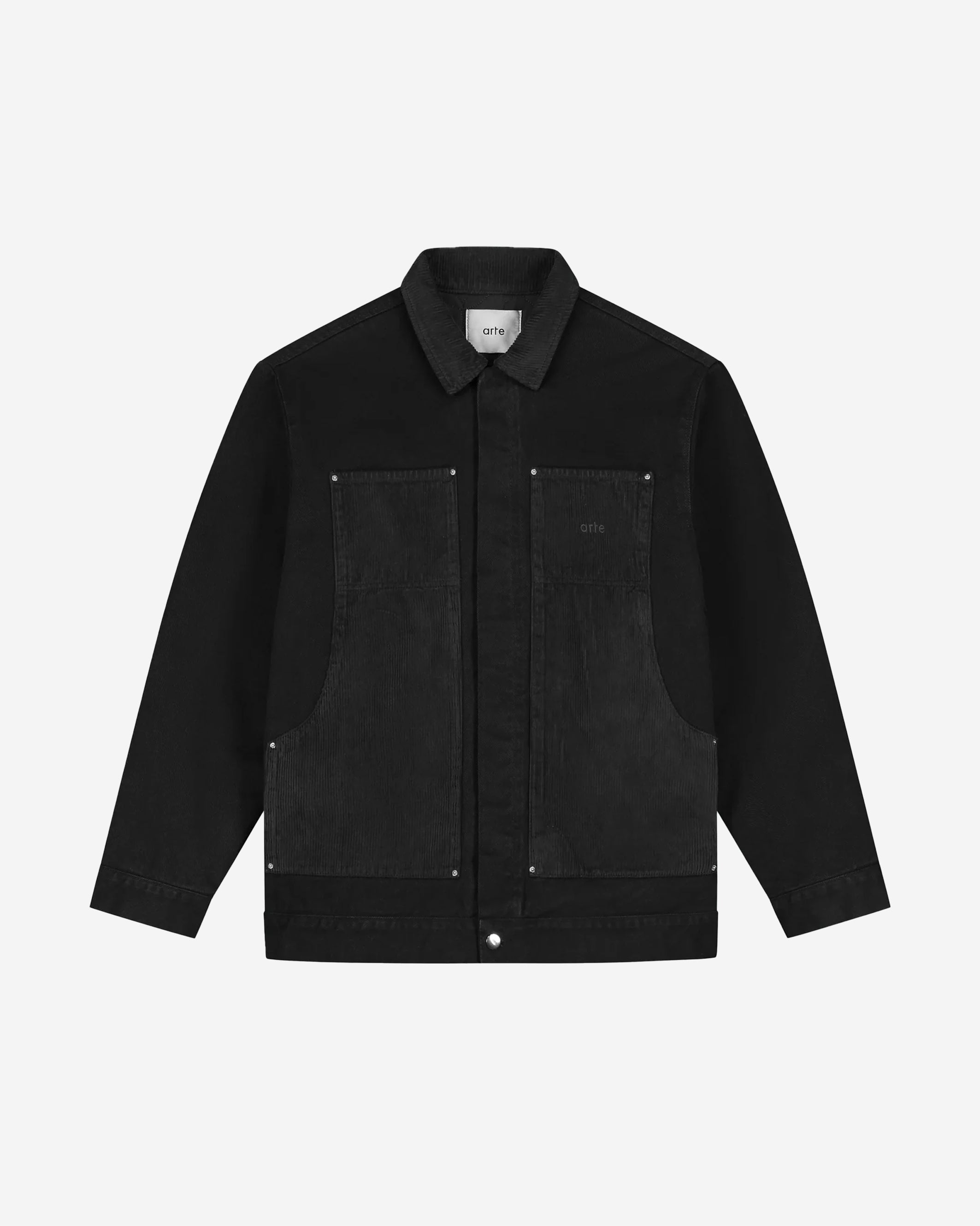 The Jules Workwear Jacket is Arte's take on a classic workwear-style jacket in all black. Its utilitarian aesthetic is defined by its front paneling reminiscent of traditional work jackets. The front panel comes in a tonal corduroy fabric, giving the jacket a different feeling of texture. Made from premium denim, the jacket features four open pockets and full-length button closure.