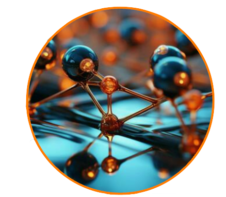 Close-up of a molecular structure with interconnected atoms in blue and orange hues.