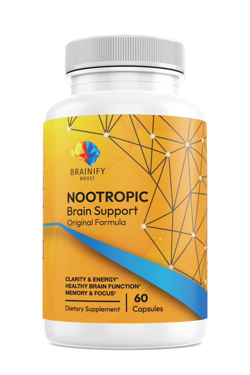 A bottle labeled 'Nootropic Brain Support Original Formula' dietary supplement with 60 capsules.