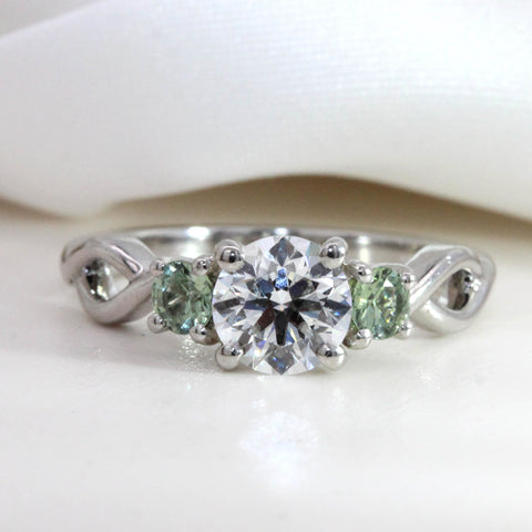 bespoke diamond with green sapphire twisted engagement ring