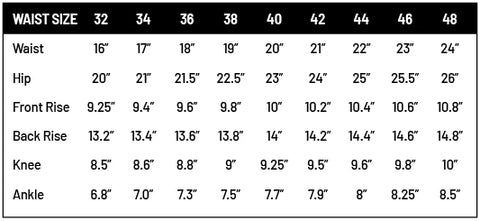 mens cargo pant size chart