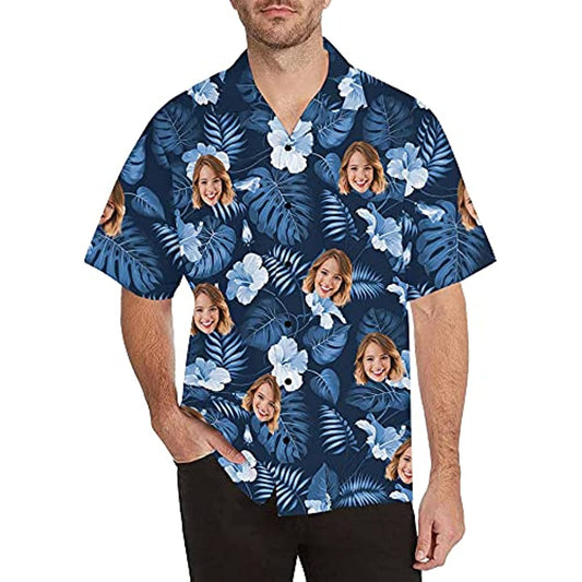 DIYKST Custom Tropical Floral Hawaiian Shirt with Face for Men Personalized BF Husband’s Photo Men Aloha Beach Fruit Flower Shirts