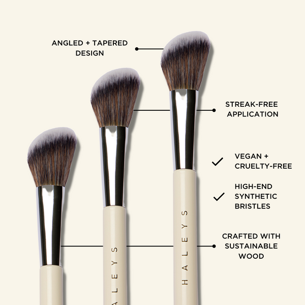 Brilliant Contour Brush Infographic: Angled Design, High-End Synthetic Fibers, Sustainable Materials, Vegan, and Cruelty-Free