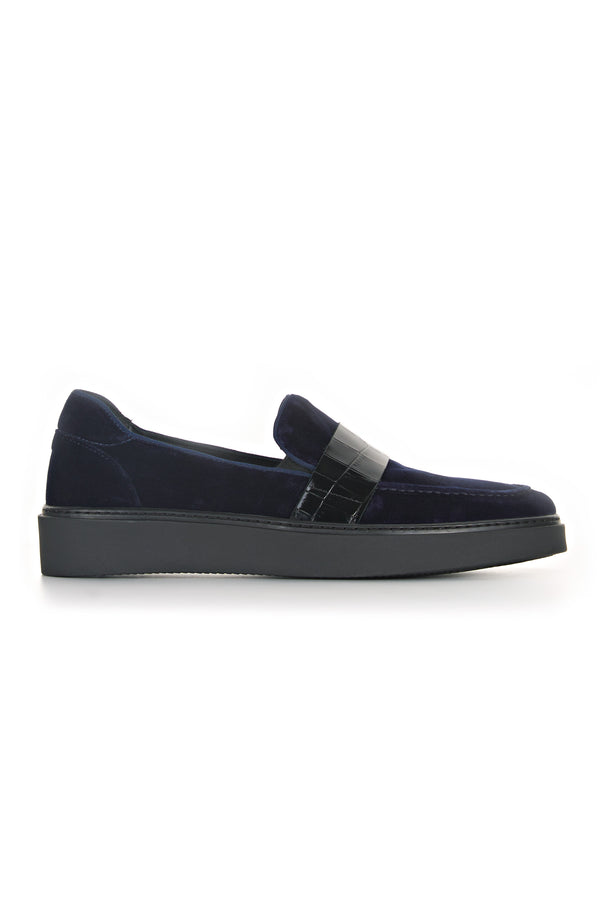 DarkBlue Velvet Sneaker-Style Moccasin